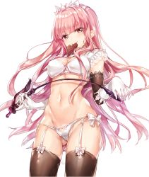 Rule 34 | 1girl, bad id, bad pixiv id, black gloves, black thighhighs, blunt bangs, bra, breasts, candy, chocolate, chocolate heart, cowboy shot, fate/grand order, fate (series), food, gloves, gluteal fold, heart, holding, holding riding crop, long hair, looking at viewer, medb (fate), medium breasts, mouth hold, navel, panties, pink eyes, pink hair, riding crop, smile, solo, thighhighs, tiara, underwear, underwear only, very long hair, whip, white bra, white panties, yuli (yulipo)