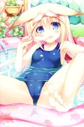 Rule 34 | 1girl, absurdres, animal ears, barefoot, blonde hair, blue eyes, blush, bow, cameltoe, dripping, feet, food, fox ears, hair bow, highres, long hair, lying, nozomi tsubame, on back, one-piece swimsuit, original, partially submerged, popsicle, school swimsuit, shiny clothes, soles, solo, spread legs, suzuha (nozomi tsubame), swimsuit, toes, tongue, transparent, wading pool, water, wet, wet clothes