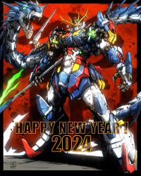 Rule 34 | 2024, absurdres, arms at sides, artist logo, black border, border, commentary, commentary request, dragon, eastern dragon, energy lance, english commentary, green eyes, gundam, happy new year, highres, holding, holding polearm, holding weapon, legs apart, looking at viewer, mecha, mixed-language commentary, mobile suit, moyan, new year, no humans, open hand, open mouth, original, polearm, procreate (medium), robot, science fiction, sharp teeth, standing, teeth, twitter username, v-fin, weapon