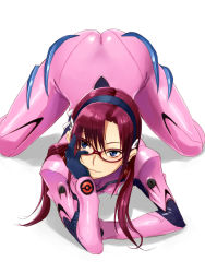Rule 34 | 1girl, all fours, arm support, ass, bad id, bad pixiv id, blue eyes, glasses, hairband, hand on own face, highres, makinami mari illustrious, mumu, neon genesis evangelion, plugsuit, purple hair, rebuild of evangelion, solo, top-down bottom-up