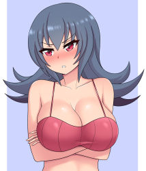 Rule 34 | 1girl, bare arms, blue background, blue hair, blush, breasts, cleavage, collarbone, creatures (company), crossed arms, embarrassed, eyes visible through hair, flipped hair, game freak, gym leader, hair between eyes, highres, large breasts, long hair, looking to the side, midriff, nintendo, parted lips, pokemon, pokemon hgss, red eyes, sabrina (pokemon), shiny skin, shirt, simple background, sleeveless, sleeveless shirt, solo, spaghetti strap, the only shoe, upper body