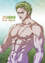 Rule 34 | 1boy, abs, bara, cowboy shot, frown, green hair, highres, large pectorals, long sideburns, looking ahead, male focus, muscular, muscular male, navel, nipples, nude, one piece, out-of-frame censoring, pectorals, roronoa zoro, scar, scar across eye, short hair, sideburns, solo, stomach, tsurime, yona (edenkasuga)