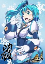 1girl armor black_bodysuit blue_background blue_eyes blue_hair bodysuit breasts commentary_request cowboy_shot dated long_hair medium_breasts mega_man_(series) mega_man_x_(series) mega_man_x_dive red_shorts rico_(mega_man) robot_girl shorts side_ponytail solo translation_request werou white_armor