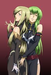 Rule 34 | 00s, 2girls, bare shoulders, blue eyes, blush, breasts, brown hair, c.c., code geass, crossover, green hair, highres, himemura saki, holding, holding own hair, large breasts, long hair, multiple girls, tales of (series), tales of the abyss, tear grants, voice actor connection, yellow eyes, yukana, yuri