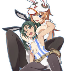 Rule 34 | 2girls, animal ears, armpits, bare shoulders, black legwear, blue eyes, blush, breasts, brown hair, cameltoe, cat hair ornament, charlotte e. yeager, fake animal ears, fang, francesca lucchini, green eyes, green hair, hair ornament, large breasts, leotard, long hair, looking at viewer, multiple girls, nanashino, open mouth, pantyhose, rabbit ears, rabbit girl, shiny skin, simple background, small breasts, smile, strike witches, white background, white leotard, world witches series