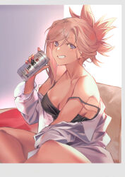 Rule 34 | 1girl, absurdres, bare shoulders, beer can, blonde hair, blue eyes, blush, breasts, can, cleavage, collarbone, drink can, fate/grand order, fate (series), highres, hiro (hirohiro gorira), holding, holding can, large breasts, long sleeves, looking at viewer, looking to the side, miyamoto musashi (fate), off shoulder, shirt, sitting, smile, solo, white shirt
