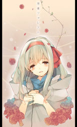 Rule 34 | 1girl, bad id, bad pixiv id, blonde hair, blush, cable, dress, earphones, enomoto hina, flower, kagerou project, kozakura marry, long hair, pillarboxed, red eyes, rose, smile, solo, souzou forest (vocaloid), tears, vocaloid
