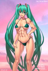 Rule 34 | 1girl, abs, absurdres, bikini, breasts, elee0228, green eyes, green hair, hand on own hip, hatsune miku, highres, hip focus, large breasts, long hair, matching hair/eyes, muscular, narrow waist, solo, speh, spring onion, swimsuit, tattoo, thighs, toned, twintails, underboob, very long hair, vocaloid