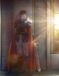 Rule 34 | 1boy, absurdres, brown hair, cape, commentary request, crossed arms, full body, highres, key visual, looking to the side, male focus, noumi chika, official art, oscar (unnamed memory), promotional art, red cape, sheath, sheathed, short hair, solo, sword, unnamed memory, weapon