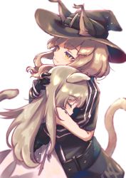 Rule 34 | 2girls, animal ears, arknights, bare shoulders, belt, belt buckle, black belt, black gloves, black headwear, black jacket, black skirt, blush, brown hair, buckle, cat ears, cat girl, cat tail, character request, closed eyes, closed mouth, commentary request, dress, driftingtiger, ears through headwear, gloves, hat, hat belt, haze (arknights), highres, hug, jacket, long hair, long sleeves, material growth, multiple girls, oripathy lesion (arknights), red eyes, simple background, skirt, smile, tail, very long hair, white background, white dress, witch hat