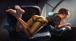 Rule 34 | 1girl, armchair, ass, barefoot, bodysuit, bomber jacket, breasts, brown eyes, brown jacket, chair, feet, harness, jacket, leather, leather jacket, orange bodysuit, overwatch, overwatch 1, pants, parted lips, reclining, solo, spiked hair, tight clothes, tight pants, tracer (overwatch), wang chen