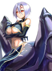 Rule 34 | 10s, 1girl, arachne, arthropod girl, bad id, bad pixiv id, bare shoulders, breasts, carapace, claws, crossed arms, detached sleeves, extra eyes, female focus, hair between eyes, huge breasts, hyp, insect girl, light purple hair, monster girl, monster musume no iru nichijou, multiple legs, navel, pelvic curtain, rachnera arachnera, red eyes, simple background, smile, solo, spider girl, taur, underboob, white background
