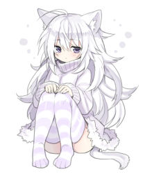 Rule 34 | 1girl, ahoge, animal ear fluff, animal ears, blush, cat ears, cat tail, hands on own knees, long hair, looking at viewer, messy hair, mofuaki, no shoes, original, photoshop (medium), purple eyes, shiro (mofuaki), solo, striped clothes, striped thighhighs, sweater, tail, thighhighs, turtleneck, very long hair, white hair