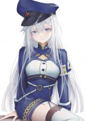 Rule 34 | 1girl, 86 -eightysix-, armband, belt, blue eyes, blue jacket, closed mouth, commentary, dmith, english commentary, hair between eyes, hat, highres, jacket, long hair, looking at viewer, military, military hat, military uniform, multiple belts, o-ring, o-ring belt, peaked cap, signature, simple background, sitting, solo, thighhighs, uniform, vladilena millize, white background, white belt, white hair, white thighhighs, zettai ryouiki