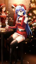 Rule 34 | 1boy, 2girls, belt, black belt, black footwear, black legwear, blue hair, blush, boots, breasts, censored, choker, christmas, christmas tree, collarbone, cup, detached sleeves, doukyuusei another world, drinking glass, fur-trimmed headwear, fur-trimmed skirt, fur-trimmed sleeves, fur trim, game cg, hair between eyes, hat, holding, holding cup, kakyuusei 2, long hair, long sleeves, medium breasts, midriff, miniskirt, mosaic censoring, multiple girls, open mouth, pantyhose, pencil skirt, red choker, red eyes, red headwear, red ribbon, red skirt, red sleeves, ribbon, santa costume, santa hat, skirt, sleeves past wrists, stomach, straight hair, takatoo nanase, thigh boots, thighhighs, very long hair