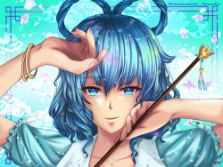 Rule 34 | 1girl, aqua dress, artist name, bangle, blue eyes, blue hair, bracelet, collarbone, commentary request, dress, fingernails, hair between eyes, hair ornament, hair rings, hair stick, hands up, highres, holding, holding stick, jewelry, kaku seiga, looking at viewer, medium hair, mononobe kanako, open clothes, open vest, parted lips, portrait, puffy short sleeves, puffy sleeves, short sleeves, smile, solo, stick, touhou, vest, white vest