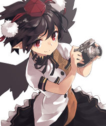 Rule 34 | 1girl, black hair, black skirt, black wings, camera, frilled skirt, frills, hat, highres, holding, holding camera, leaf print, looking at viewer, nuqura, pointy ears, red pupils, ribbon, shameimaru aya, shirt, short sleeves, simple background, skirt, solo, tokin hat, touhou, white background, white shirt, wind, wings