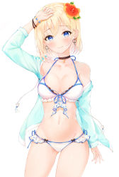 Rule 34 | 1girl, absurdres, aqua jacket, arm up, armpits, bare shoulders, beach, bead bracelet, beads, bikini, black choker, blonde hair, blue eyes, blue nails, bracelet, breasts, choker, cleavage, collarbone, cowboy shot, earrings, flower, frilled bikini, frills, front-tie bikini top, front-tie top, groin, hair flower, hair ornament, halterneck, hibiscus, highres, jacket, jewelry, large breasts, lebring, looking at viewer, nail polish, navel, off shoulder, open clothes, open jacket, original, short hair, simple background, smile, solo, standing, stomach, swimsuit, thighs, water, white background, white bikini