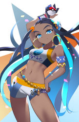 Rule 34 | 1girl, arm up, armlet, bare shoulders, belly chain, bike shorts, bikini, black hair, blue eyes, blue eyeshadow, blue hair, breasts, closed mouth, collarbone, commentary, cowboy shot, creatures (company), dark-skinned female, dark skin, dynamax band, earrings, eyeshadow, game freak, gloves, groin, gym leader, hair bun, hand on own hip, highres, holding, holding poke ball, hoop earrings, jewelry, long hair, looking at viewer, makeup, medium breasts, midriff, multicolored background, multicolored hair, navel, necklace, nessa (pokemon), nintendo, partially fingerless gloves, poke ball, poke ball (basic), pokemon, pokemon swsh, sidelocks, single glove, single hair bun, smile, solo, sparkle, standing, swimsuit, tankini, tm (hanamakisan), two-tone hair, white background
