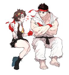 Rule 34 | 1boy, 1girl, barefoot, black footwear, black hair, blush, boots, crossed arms, fingerless gloves, gloves, headband, highres, looking at another, mma gloves, necktie, red gloves, red headband, ryu (street fighter), short hair, simple background, sitting, smile, ssambatea, street fighter, street fighter v, torn clothes, torn sleeves, white background