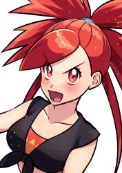 Rule 34 | 1girl, :d, absurdres, bare arms, black shirt, blush, breasts, cleavage, collarbone, commentary request, creatures (company), crop top, eyelashes, flannery (pokemon), game freak, highres, long hair, lower teeth only, medium breasts, nintendo, open mouth, pokemon, pokemon oras, ponytail, red eyes, red hair, shirt, sleeveless, sleeveless shirt, smile, solo, teeth, tied shirt, tongue, upper body, wanichi