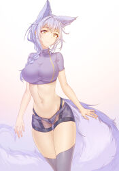Rule 34 | 1girl, absurdres, animal ears, arknights, braid, commentary, cowboy shot, crop top, gradient background, grey background, highres, innoarukugyou, large tail, long hair, looking at viewer, midriff, navel, provence (arknights), purple hair, purple shirt, shirt, short shorts, short sleeves, shorts, smile, solo, standing, stomach, tail, thighhighs, thighs, white background, wolf ears, wolf tail, yellow eyes