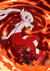 Rule 34 | 1girl, asameshi, boots, bow, brown footwear, commentary, fire, fujiwara no mokou, full body, hair bow, highres, long hair, looking at viewer, looking back, ofuda, ofuda on clothes, pants, ponytail, red background, red eyes, red pants, shirt, solo, suspenders, torn clothes, torn pants, torn sleeves, touhou, white hair, white shirt, wrist cuffs