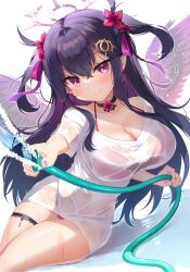 Rule 34 | 1girl, amakarashi, angel wings, bikini, bikini under clothes, black choker, breasts, choker, cleavage, closed mouth, collarbone, commentary request, commission, crossed bangs, fallen angel, hair ribbon, halo, highres, hose, large breasts, long hair, looking at viewer, original, pink bikini, pixiv commission, purple eyes, purple hair, ribbon, shirt, simple background, sitting, smile, solo, swimsuit, t-shirt, thigh strap, thighs, water, wet, wet clothes, wet shirt, white background, white shirt, wings