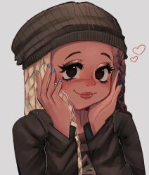 Rule 34 | 1girl, beanie, black jacket, blush, braid, brown eyes, commentary, dark-skinned female, dark skin, eyelashes, eyeliner, face in hands, flat chest, grey background, hat, heart, jacket, jouken1douji, long hair, looking at viewer, makeup, multicolored hair, nail polish, nose blush, original, portuguese commentary, shiny eyes, shiny lips, shirt, simple background, smile, solo, t-shirt, upper body