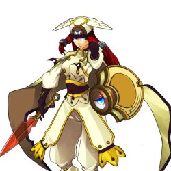 Rule 34 | 1girl, arc system works, blazblue, blazblue: continuum shift, blue eyes, book, cape, cross, floating, frown, gloves, hair ornament, hat, head wings, helmet, katou yuuki, long hair, military, military uniform, obi, official art, outstretched arm, red hair, sash, solo, standing, sword, transparent background, tsubaki yayoi, uniform, weapon, winged helmet, wings, yuki kato