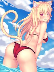 Rule 34 | 1girl, animal ear fluff, animal ears, ass, back, bikini, blonde hair, blush, breasts, cat ears, cat tail, cloud, day, highres, large breasts, long hair, looking at viewer, looking back, naala, nottytiffy, ocean, original, outdoors, red eyes, sideboob, sky, slit pupils, smile, solo, swimsuit, tail, underwear