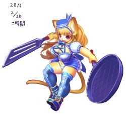 Rule 34 | 1girl, blonde hair, boots, breasts, cat, dress, female focus, full body, furry, furry female, hat, long hair, ni jikan, open mouth, pink eyes, simple background, solo, sword, weapon, white background