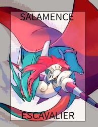 Rule 34 | armor, black eyes, border, character name, claws, commentary request, creatures (company), escavalier, game freak, gen 3 pokemon, gen 5 pokemon, lance, looking at viewer, nigiri (ngr24), nintendo, no humans, plume, pokemon, pokemon (creature), polearm, salamence, weapon