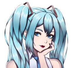 Rule 34 | 1girl, aqua hair, bare shoulders, blue eyes, blue hair, blue nails, closed mouth, collared shirt, fingernails, hair between eyes, hatsune miku, head rest, highres, light smile, lips, lipstick, long hair, looking at viewer, makeup, necktie, portrait, shio aw, shirt, sidelocks, simple background, sleeveless, sleeveless shirt, solo, twintails, vocaloid, white background, white shirt