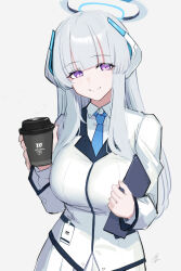Rule 34 | 1girl, blue archive, blue necktie, breasts, closed mouth, cup, grey hair, halo, hayabusa, headgear, highres, holding, holding cup, large breasts, long hair, long sleeves, mechanical halo, necktie, noa (blue archive), purple eyes, shirt, signature, skirt, smile, solo, white halo, white shirt, white skirt