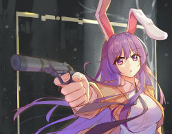 Rule 34 | 1girl, absurdres, animal ears, black necktie, brown jacket, collared shirt, commentary request, diving penguin, foreshortening, grey background, gun, handgun, highres, holding, holding gun, holding weapon, jacket, long hair, necktie, open mouth, purple eyes, purple hair, rabbit ears, reisen udongein inaba, shirt, simple background, solo, suppressor, touhou, upper body, very long hair, weapon, white shirt