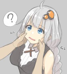 Rule 34 | 1girl, ?, absurdres, ahoge, bare shoulders, black dress, blue eyes, braid, breasts, cheek pull, collared shirt, commentary request, dress, grey background, hair ornament, highres, kizuna akari, long hair, looking away, medium breasts, out of frame, parted lips, shirt, shun (b.c), simple background, sleeveless, sleeveless dress, solo focus, spoken question mark, upper body, voiceroid, white shirt
