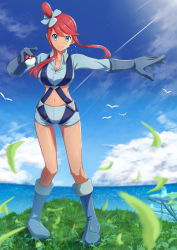 Rule 34 | 1girl, absurdres, blue eyes, blue footwear, blue gloves, blue jacket, blue shorts, blurry, boots, closed mouth, cloud, commentary request, creatures (company), cropped jacket, day, falling leaves, full body, game freak, gloves, hair ornament, highres, holding, holding poke ball, jacket, leaf, looking at viewer, midriff, nintendo, one side up, outdoors, outstretched arm, pigeon-toed, poke ball, poke ball (basic), pokemon, pokemon bw, sakunaru, short hair with long locks, short shorts, shorts, sidelocks, sky, skyla (pokemon), smile, solo, standing, water