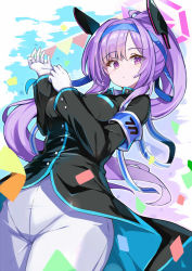 Rule 34 | 1girl, adjusting clothes, adjusting gloves, armband, blue archive, blue headband, breasts, confetti, cowboy shot, eyes visible through hair, gloves, halo, hands up, headband, headgear, highres, legs together, long hair, long sleeves, medium breasts, omochishiki, ponytail, purple eyes, purple hair, solo, utaha (blue archive), utaha (cheer squad) (blue archive), white gloves