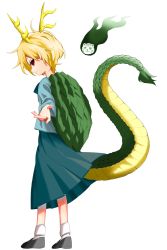 Rule 34 | 1girl, antlers, black footwear, blonde hair, blue shirt, blue skirt, closed mouth, commentary request, dragon girl, dragon horns, dragon tail, harukawa moe (style), highres, horns, keiki8296, kicchou yachie, long skirt, otter spirit (touhou), outstretched hand, pleated skirt, red eyes, shirt, short hair, short sleeves, simple background, skirt, smile, socks, solo, standing, tail, touhou, turtle shell, white background, white socks