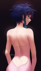 Rule 34 | 1boy, annidrw, aqua eyes, arms at sides, back, bare back, bare shoulders, blue hair, braid, closed mouth, clothing cutout, dimples of venus, dress, genshin impact, heart cutout, highres, looking at viewer, looking back, male focus, messy hair, minidress, multicolored hair, trap, twin braids, twitter username, venti (genshin impact)