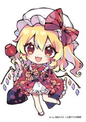 Rule 34 | 1girl, blonde hair, blush, bow, candy apple, chibi, chibi only, commentary request, fang, flandre scarlet, food, hat, hat bow, heart, heart-shaped pupils, highres, holding, holding food, japanese clothes, kimono, kyouda suzuka, long sleeves, looking at viewer, medium hair, mob cap, open mouth, red bow, red eyes, red kimono, simple background, solo, symbol-shaped pupils, touhou, white background, white hat, wide sleeves, wings