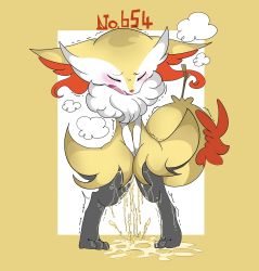 Rule 34 | 1girl, absurdres, amaoto (mizutamariaka), animal ears, animal hands, between legs, blush, braixen, breath, closed eyes, creatures (company), embarrassed, female focus, fox ears, fox tail, full body, furry, furry female, game freak, gen 6 pokemon, hand between legs, have to pee, highres, nintendo, open mouth, own hands together, peeing, peeing self, pigeon-toed, pokemon, pokemon (creature), puddle, simple background, solo, standing, stick, tail, tears, trembling, two-tone background, v arms, yellow background
