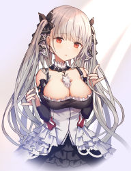 Rule 34 | 1girl, azur lane, between breasts, black bow, black dress, black nails, bow, breasts, cleavage, clothing cutout, collarbone, detached collar, dress, earrings, formidable (azur lane), frilled dress, frills, hair bow, hands up, highres, jewelry, large breasts, light rays, long hair, long sleeves, looking at viewer, nail polish, parted lips, red eyes, rk (rktorinegi), shoulder cutout, silver hair, solo, twintails, upper body, very long hair