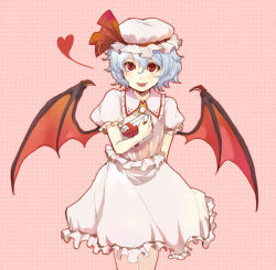 Rule 34 | 1girl, bad id, bad pixiv id, bat wings, blue hair, fangs, female focus, gift, hat, heart, holding, holding gift, red eyes, remilia scarlet, short hair, solo, touhou, valentine, wings, yuki (popopo)