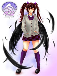 Rule 34 | 1girl, ;p, black wings, brown eyes, brown hair, casual, checkered clothes, checkered skirt, contemporary, feathers, female focus, hands in pockets, himekaidou hatate, k2isu, kneehighs, one eye closed, pointy ears, short hair, skirt, socks, solo, tongue, tongue out, touhou, twintails, wings