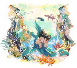 Rule 34 | 1boy, :d, black eyes, black hair, bubble, coral, day, dragon ball, fish, happy, looking down, male focus, ocean, open mouth, riding, short hair, smile, son goku, spiked hair, sunlight, underwater, water