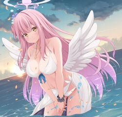 Rule 34 | 1girl, angel wings, bare shoulders, bikini, black scrunchie, blue archive, blush, breasts, cleavage, cloud, comiket 102, dutch angle, feathered wings, hair bun, halo, highres, jewelry, large breasts, long hair, looking at viewer, mika (blue archive), navel, necklace, ocean, outdoors, own hands clasped, own hands together, pink hair, pink halo, sarong, scrunchie, smile, solo, stomach, swimsuit, tomosuke, wading, white bikini, white sarong, white wings, wings, wrist scrunchie, yellow eyes