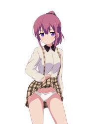 Rule 34 | 1girl, bad id, bad pixiv id, brown hair, clothes lift, girlish number, ku (simple), lifting own clothes, looking at viewer, panties, plaid, plaid skirt, ponytail, purple eyes, skirt, skirt lift, solo, standing, suspender skirt, suspenders, underwear, white panties
