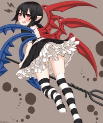 Rule 34 | 1girl, backless dress, backless outfit, black hair, blush, dress, egret, fang, frilled dress, frills, from behind, highres, houjuu nue, looking back, open mouth, petticoat, pointy ears, polearm, puffy sleeves, red eyes, short dress, short hair, short sleeves, snake, solo, striped clothes, striped thighhighs, thighhighs, touhou, trident, weapon, wings, zettai ryouiki